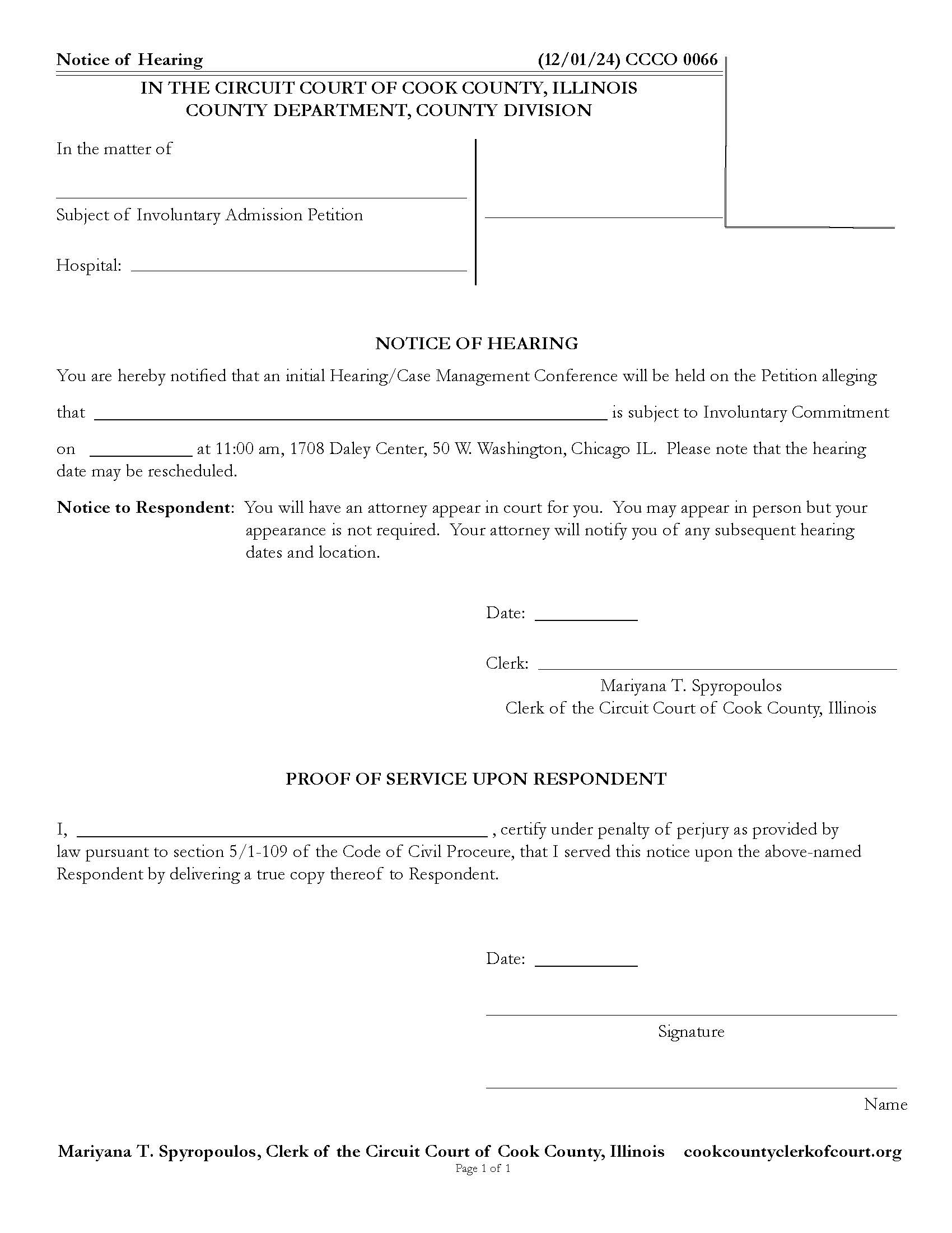 Notice Of Hearing [Involuntary Commitment] {CCCO 0066} | Pdf Fpdf Docx | Illinois